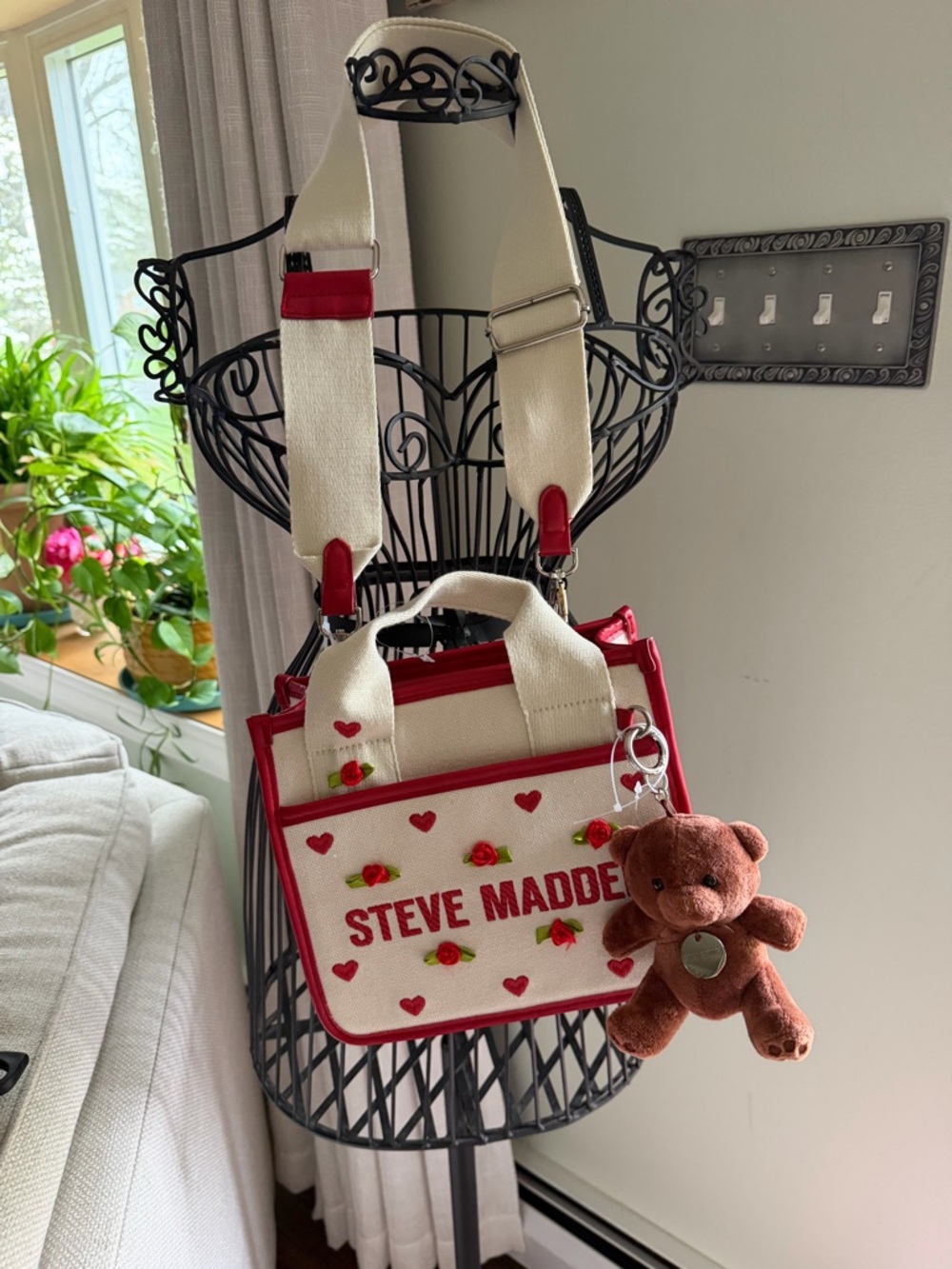 Steve Madden Cream & Red Mini Crossbody Tote with Bear Charm